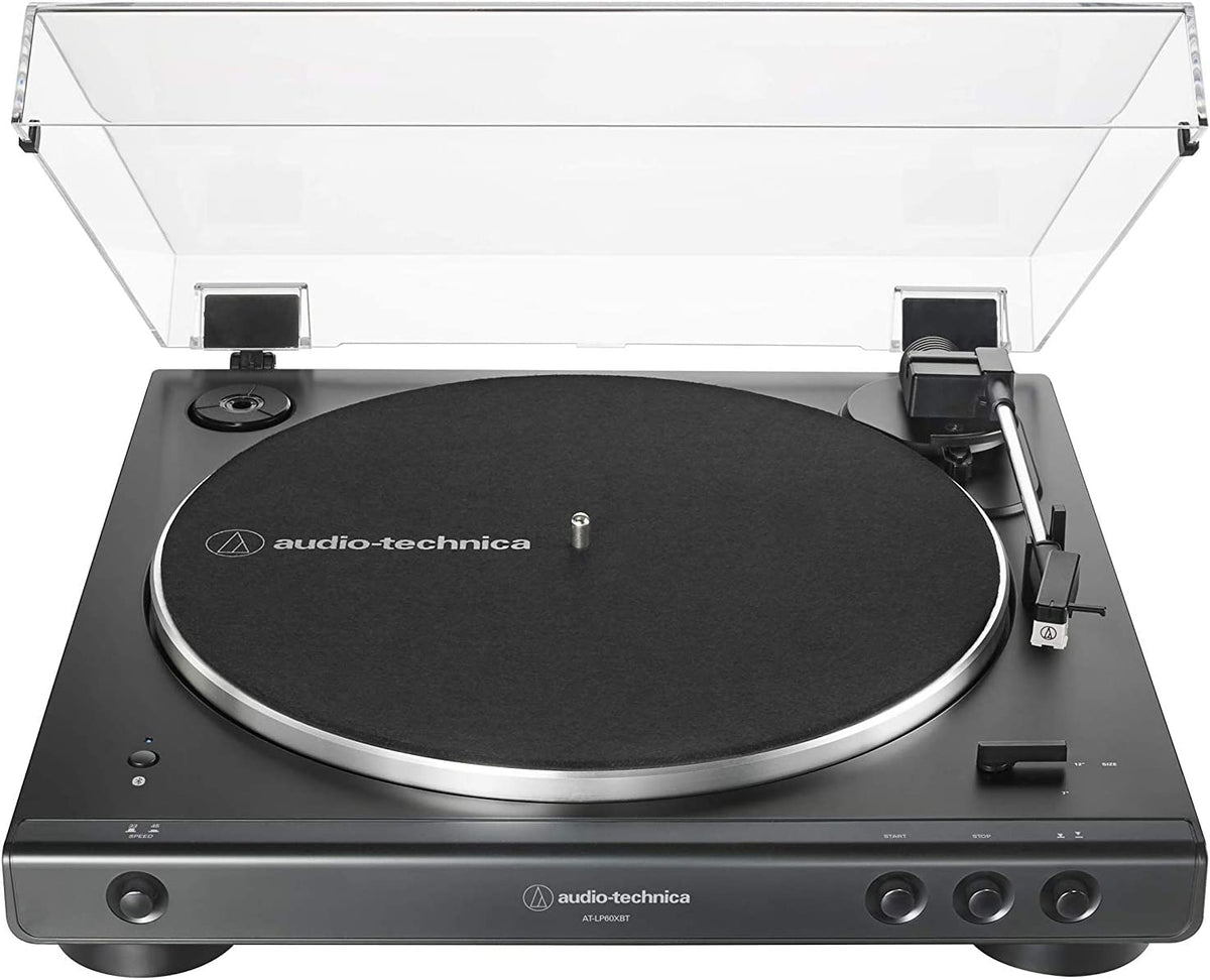  Audio-Technica AT-LP60XBT-BK Fully Automatic Bluetooth Belt-Drive Stereo Turntable, Black, Hi-Fi, 2 Speed, Dust Cover, Anti-Resonance, Die-cast Aluminum Platter front view